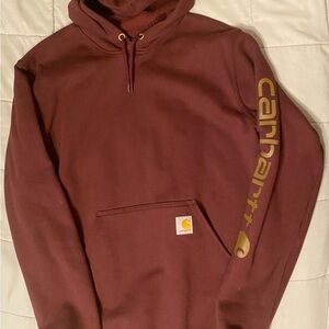 Carhartt Men's Burgundy Hoodie with Gold Sleeve Logo